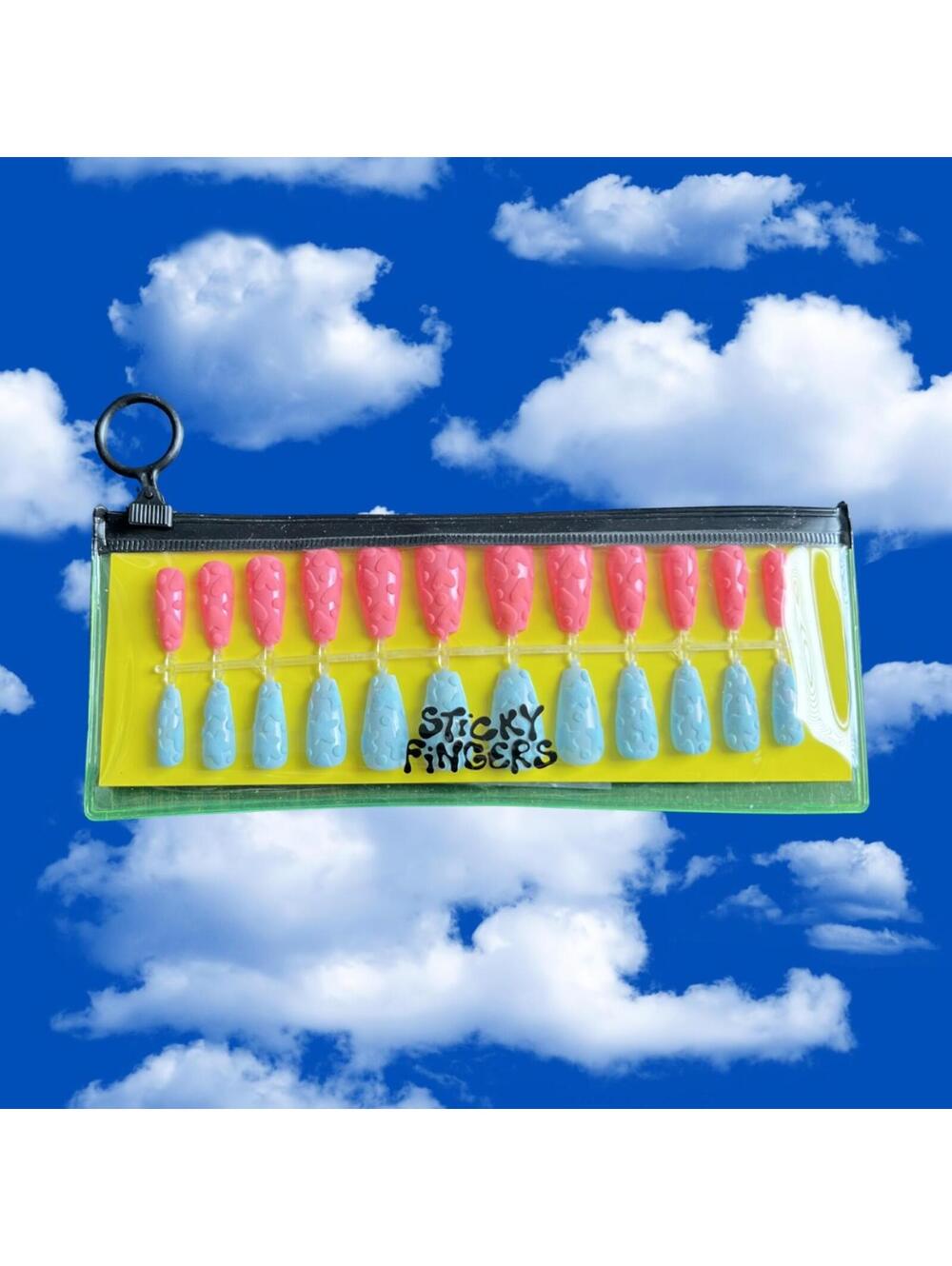 Sticky Fingers Blue and Pink Press-On Nail Set in Clear Zip Pouch Hand Painted - Picture 2 of 4